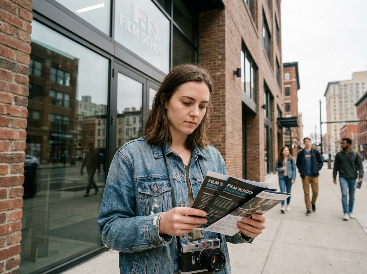 Jeune femme tenant un appareil photo argentique devant l'entrée d'une école d'audiovisuel, consultant des brochures d'admission alternatives à Parcoursup