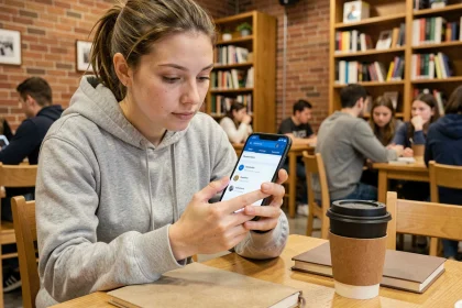 Étudiante consultant son ENT sur smartphone dans un café universitaire
