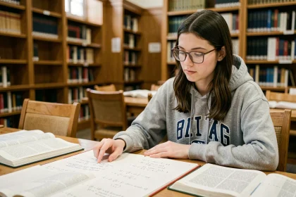 Étudiante en mathématiques prenant des notes sur les développements limités dans une bibliothèque universitaire