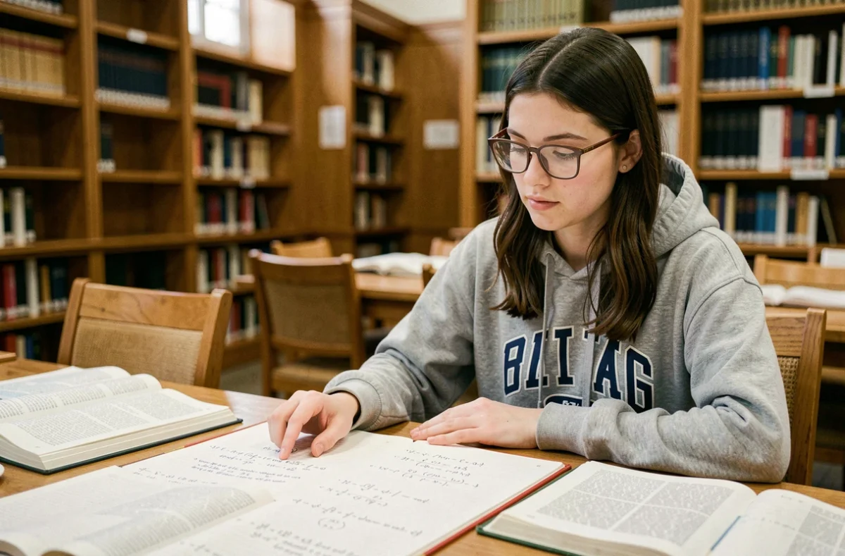Étudiante en mathématiques prenant des notes sur les développements limités dans une bibliothèque universitaire