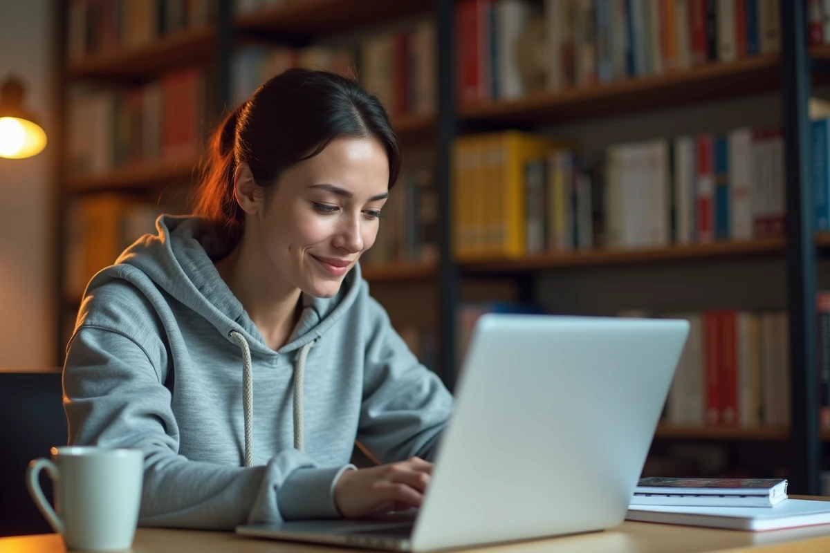 Étudiante consultant ses résultats académiques sur un portail universitaire en ligne depuis son bureau à domicile