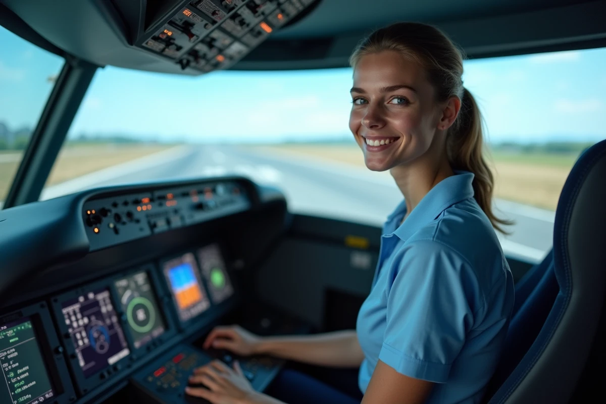 Étudiante en école de pilotage s'entraînant sur simulateur de vol dans le cadre de la préparation au concours cadet Air France