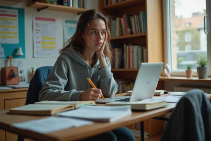 Jeune femme étudiante travaillant à son bureau dans un appartement étudiant, entourée de livres et d'un ordinateur portable