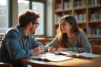 Deux jeunes adultes en bibliothèque universitaire en pleine discussion