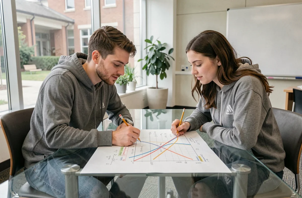 Deux étudiants en train de comparer des courbes d'équivalents mathématiques et développements limités à l'université