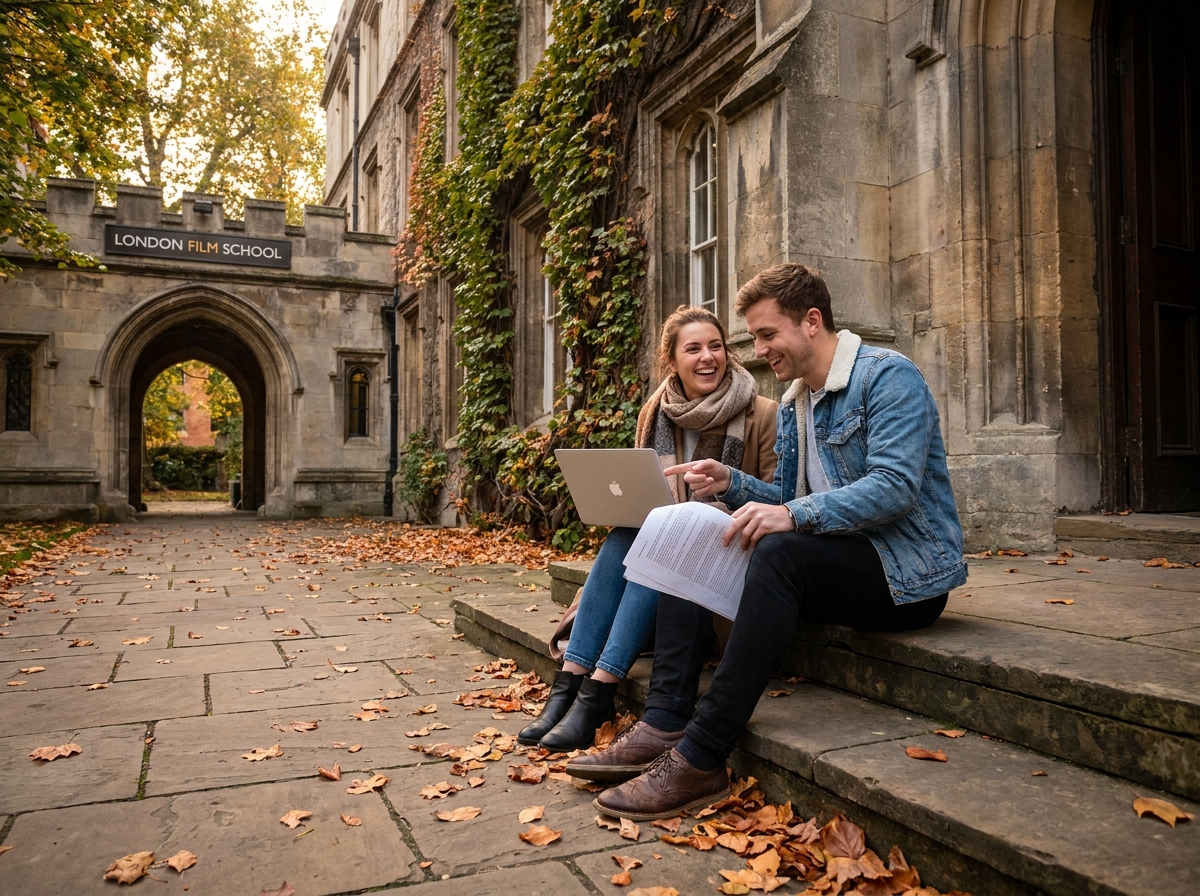 Deux étudiants comparant des campus d'écoles de cinéma assis sur des marches devant un bâtiment universitaire