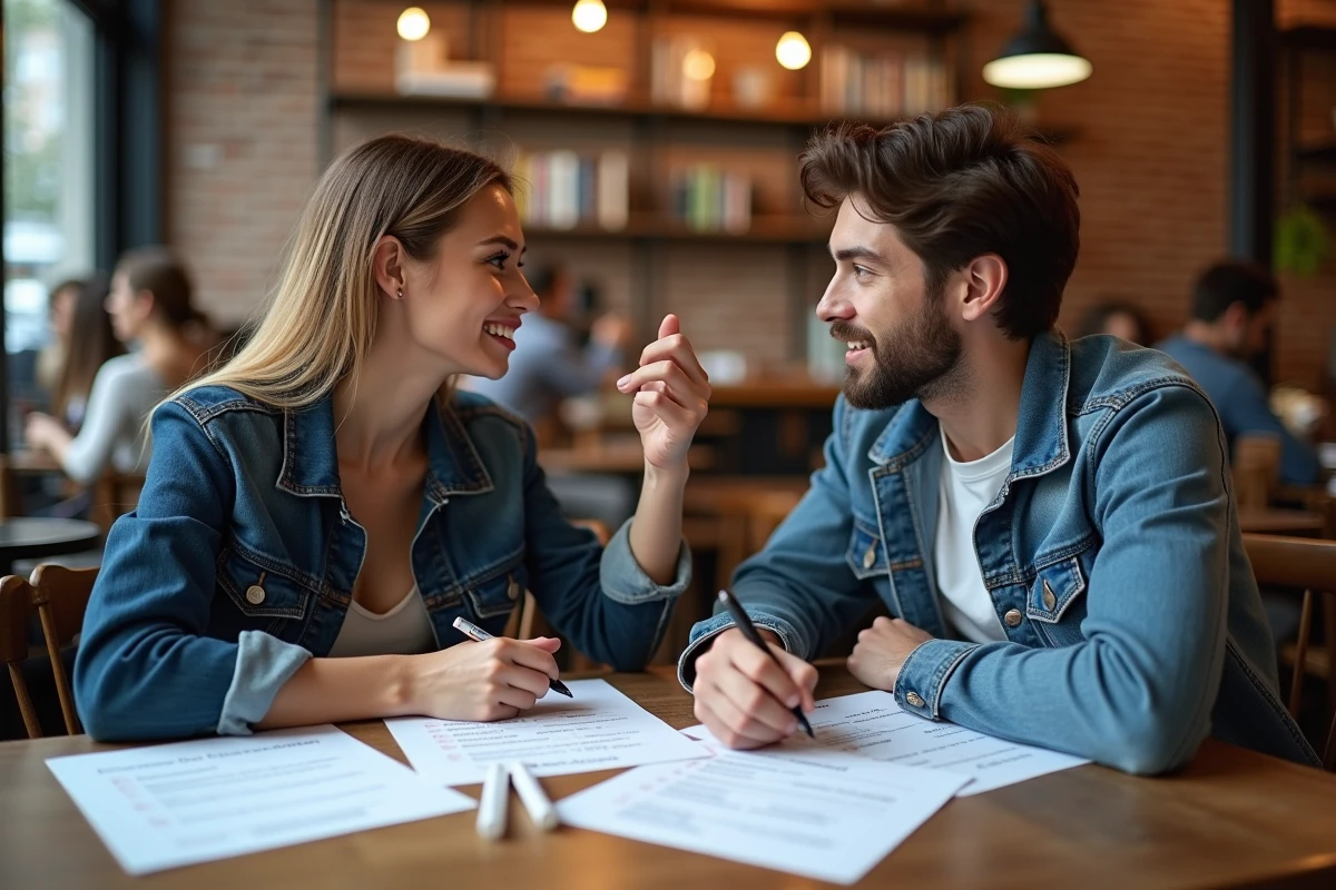 Deux étudiants discutant de listes de connecteurs logiques autour de fiches imprimées dans un café urbain
