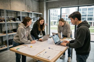 Étudiants en école d'ingénieurs travaillant en groupe sur des projets techniques dans un laboratoire universitaire moderne