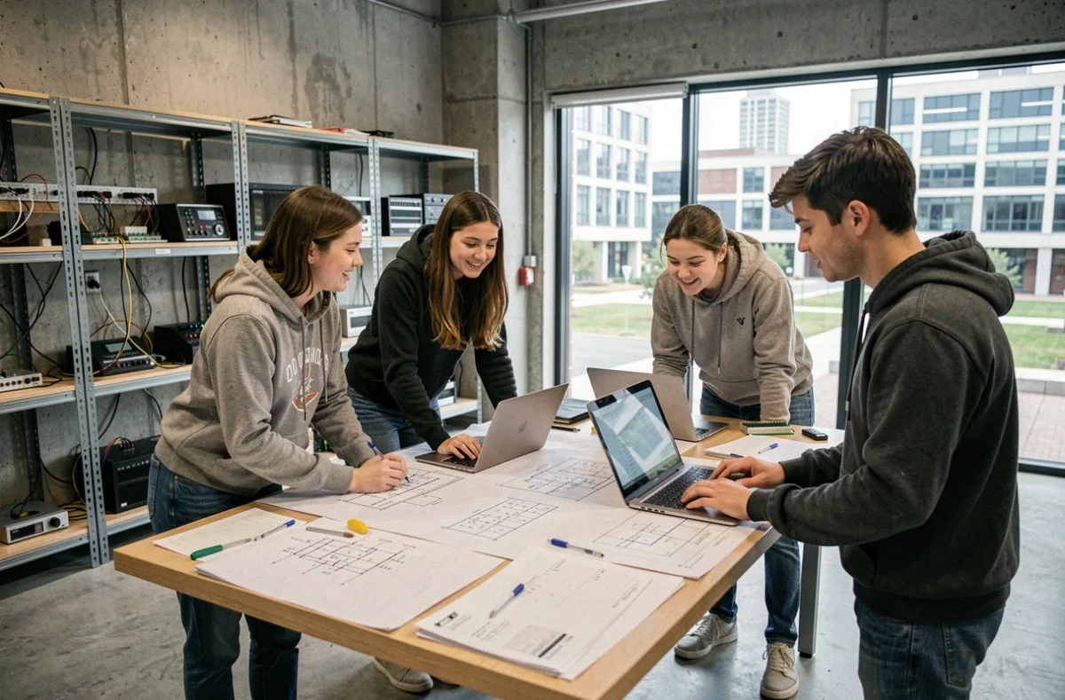Étudiants en école d'ingénieurs travaillant en groupe sur des projets techniques dans un laboratoire universitaire moderne