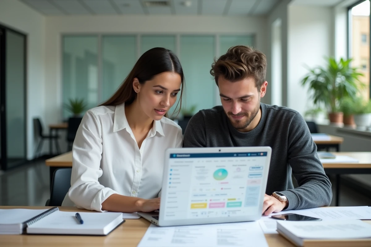 Deux étudiants collaborant sur un tableau de bord de gestion de tâches académiques dans un espace de coworking moderne