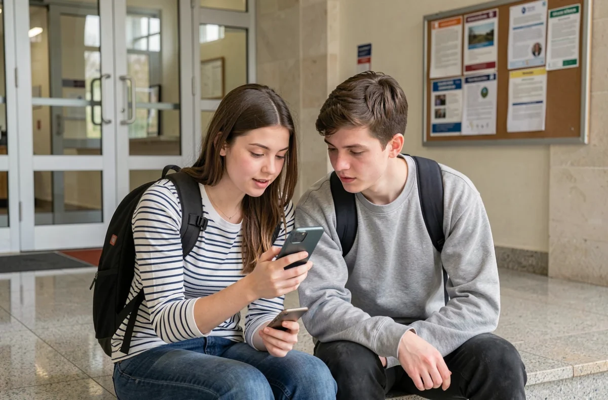 Deux étudiants consultant ensemble le guide de connexion mobile MyCampus eduservices sur un smartphone dans le hall d'une université
