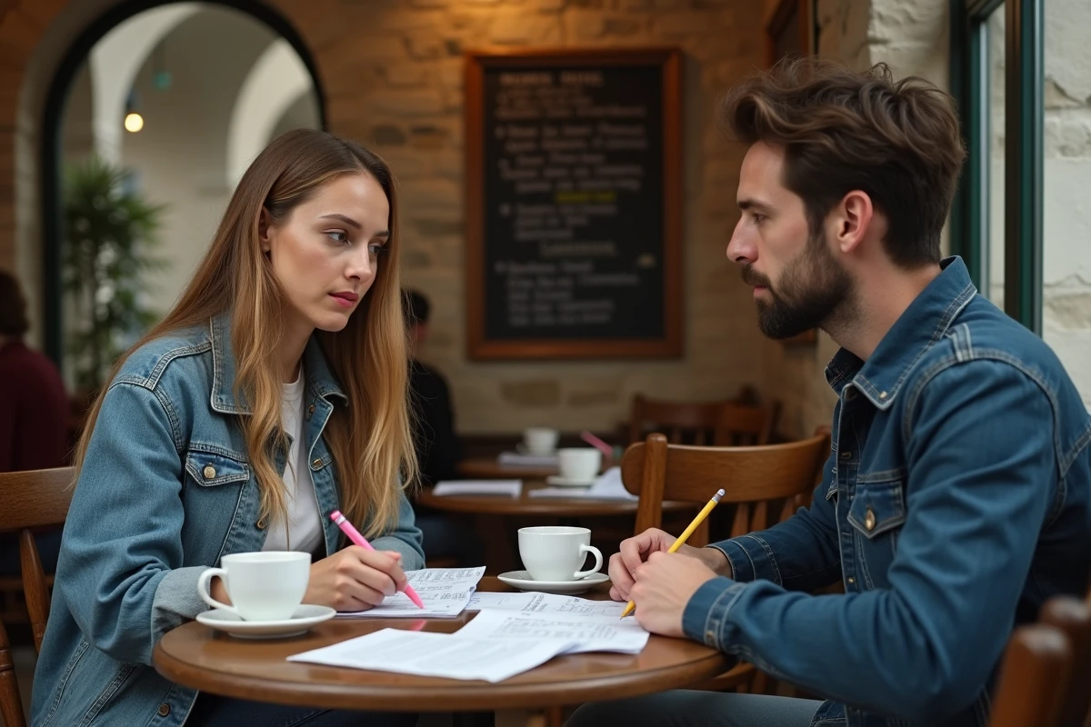 Deux &eacute;tudiants en master relisant une dissertation dans un caf&eacute; parisien pour corriger les hors-sujets