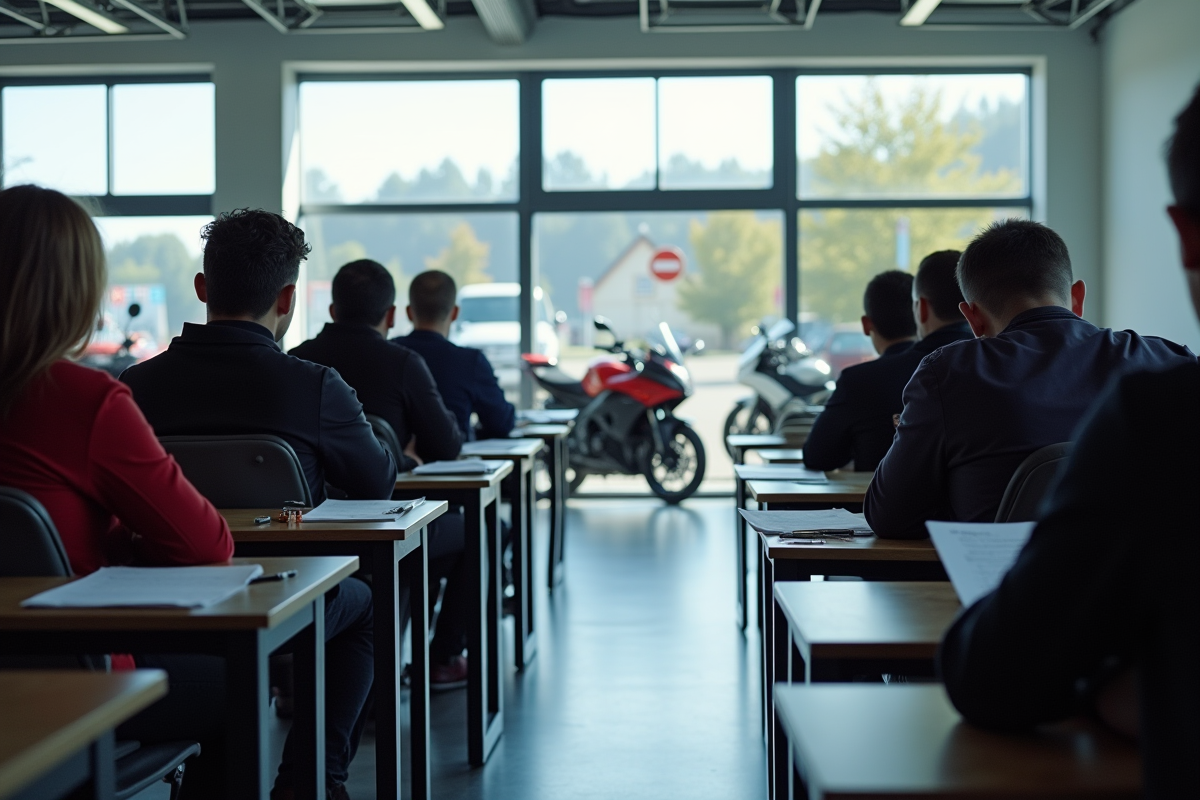 Groupe de motards passant un examen de théorie dans une salle lumineuse