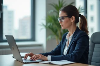 Experte analyseant les prix des formules IA sur Markeonbiz.fr sur un ordinateur portable en bureau moderne
