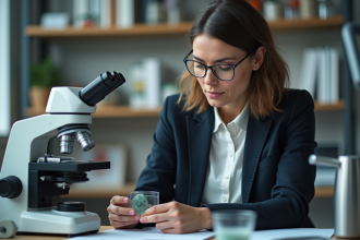 Scientifique forensique examinant une lame au microscope