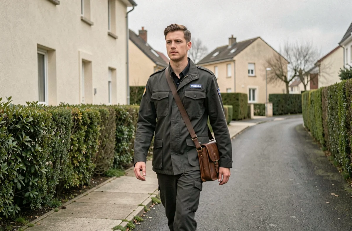 Facteur en uniforme marchant dans une rue pavillonnaire française avec sa sacoche de distribution