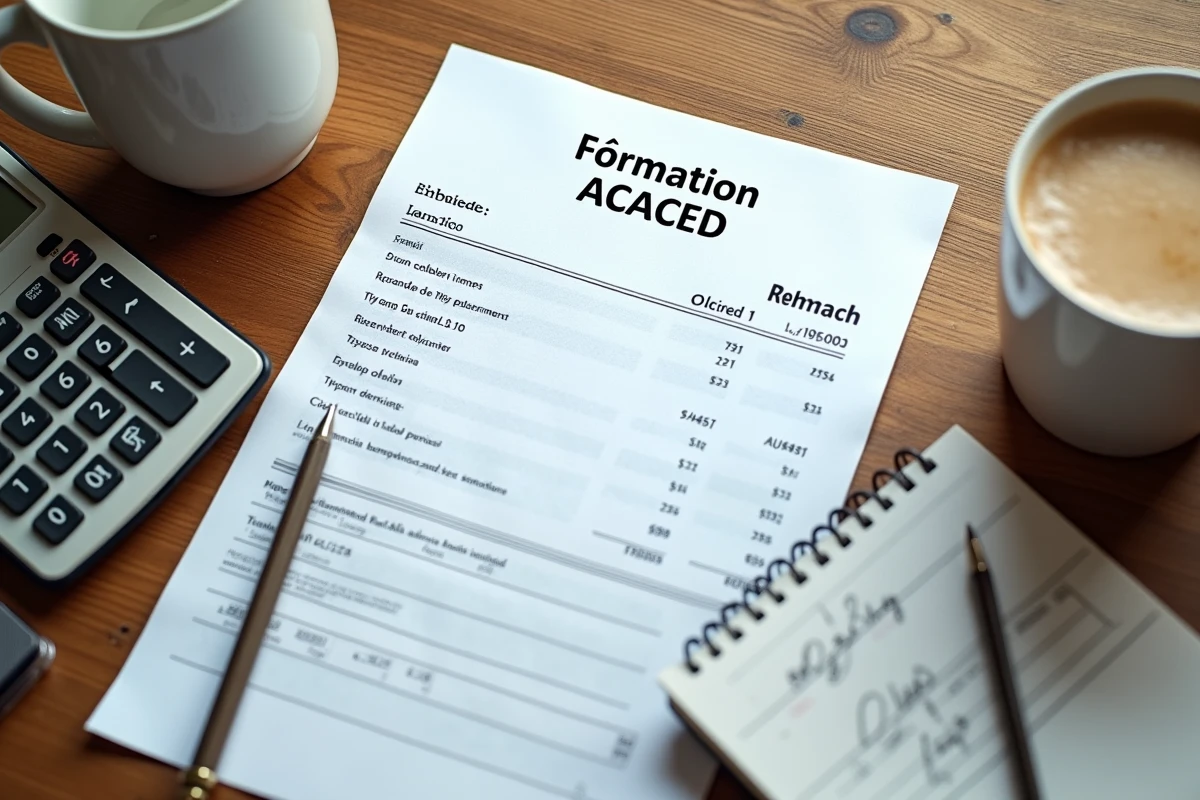 Vue aérienne d'une facture de formation ACACED, calculatrice et notes de budget sur une table en bois