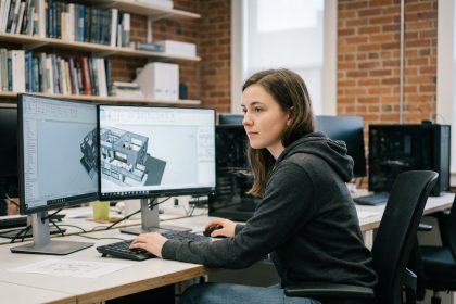 Jeune femme en hoodie regardant un mod&egrave;le 3D sur son ordinateur