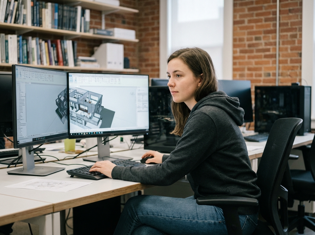 Jeune femme en hoodie regardant un modèle 3D sur son ordinateur