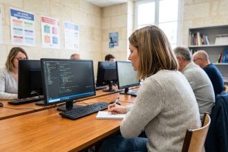 Femme concentrée à son ordinateur dans une salle de formation à Cahors