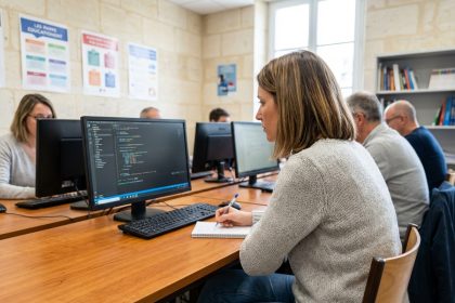 Femme concentrée à son ordinateur dans une salle de formation à Cahors
