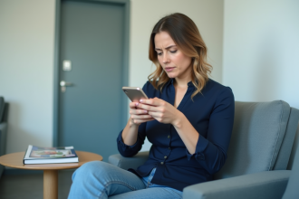 Femme attentive dans une salle d'attente moderne