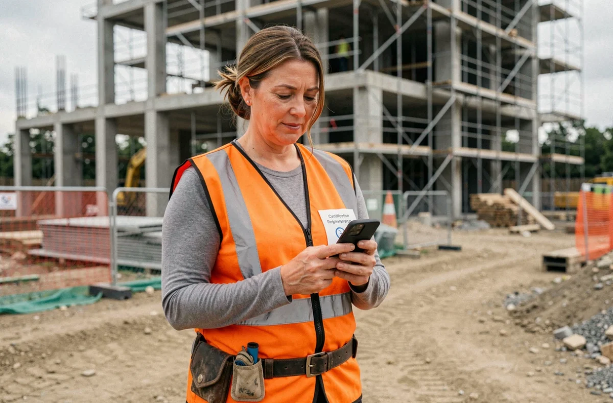 Femme professionnelle BTP s'inscrivant à une certification via son CPF sur un chantier de construction