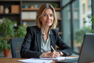 Femme d'âge moyen en blazer au bureau en pleine concentration