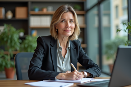 Femme d'âge moyen en blazer au bureau en pleine concentration