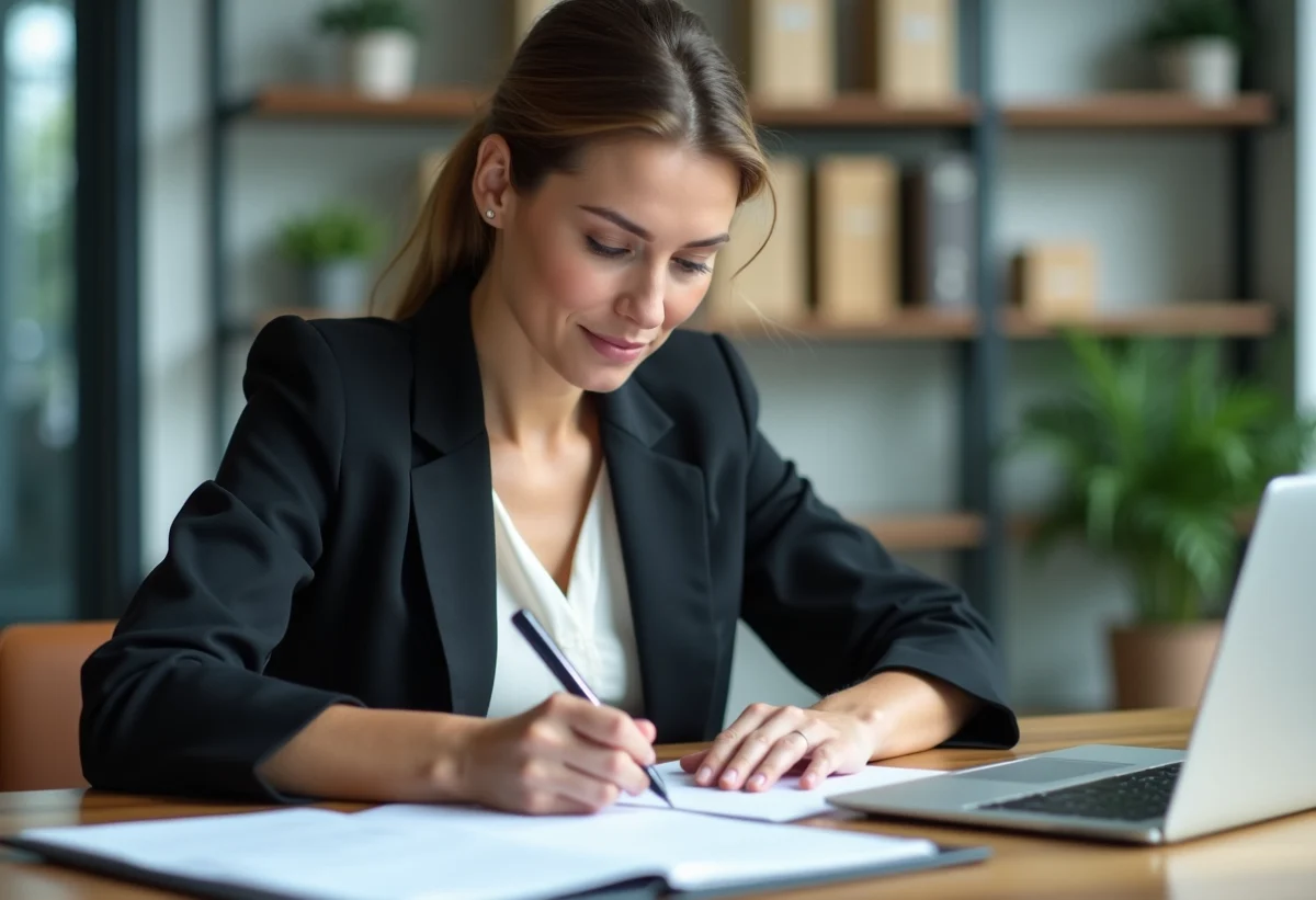 Femme en tenue professionnelle écrivant une lettre dans un bureau moderne