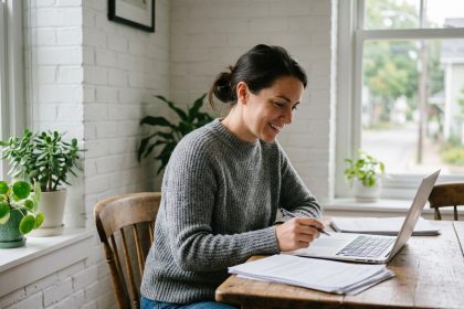 Femme concentrée dans son bureau à domicile avec ordinateur