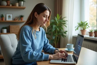 Femme assise à son bureau avec ordinateur portable sécurisé