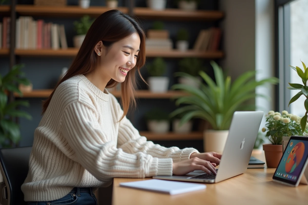 Jeune femme au bureau utilisant un ordinateur portable