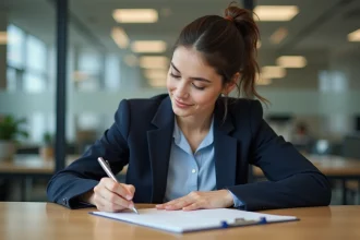 Jeune femme en blazer écrivant une lettre dans un bureau moderne