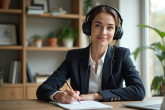 Femme en bureau moderne écoutant un podcast en notant