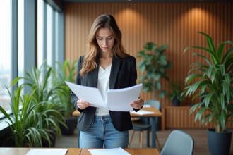Femme en blazer dans un bureau moderne avec plantes vertes