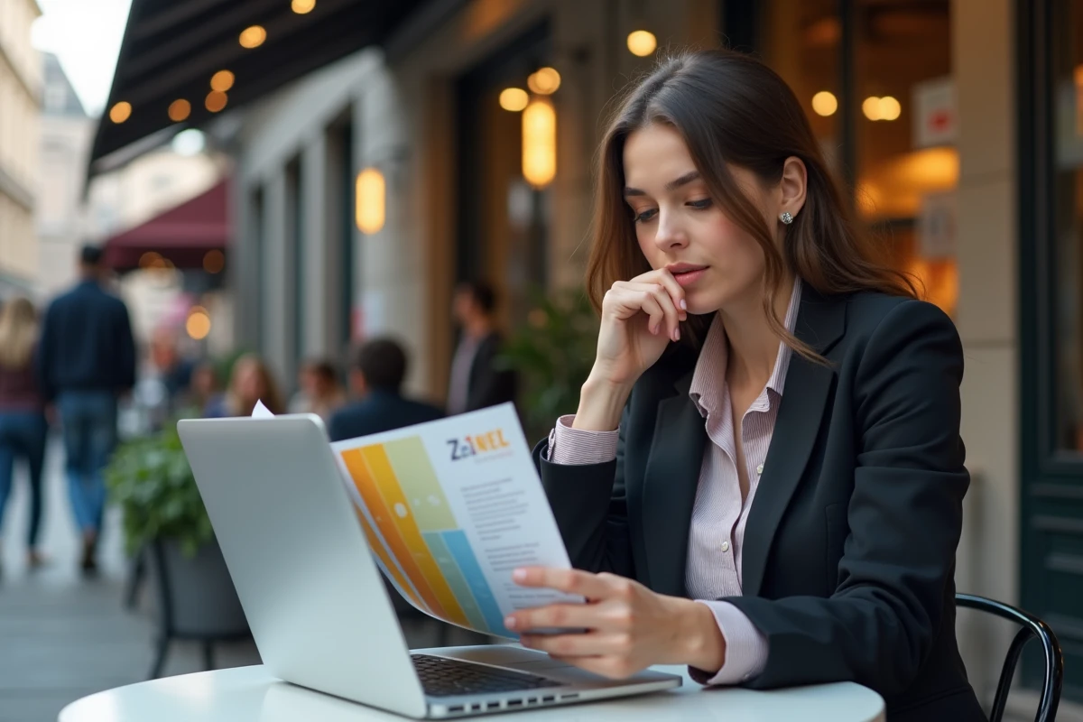 Femme en extérieur comparant documents financiers au café
