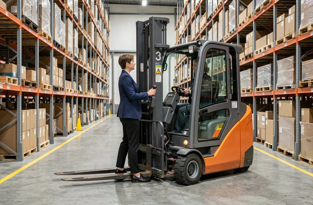 Femme cariste conduisant un chariot élévateur CACES 5 dans une allée d'entrepôt logistique moderne
