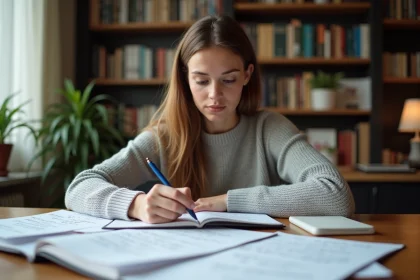 Jeune femme annotant des listes de connecteurs logiques dans un carnet sur un bureau en bois, ambiance studieuse à domicile