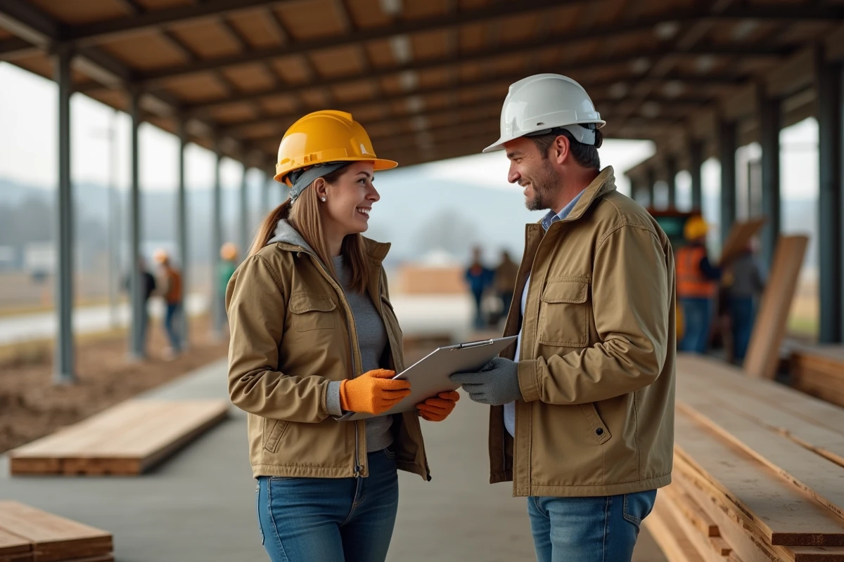 Femme en chantier discutant avec instructeur et matériel