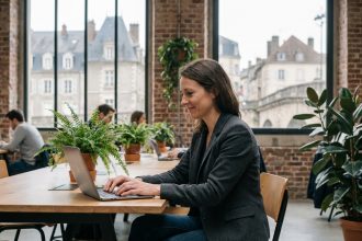 Femme en coworking à Épinal travaillant sur un ordinateur