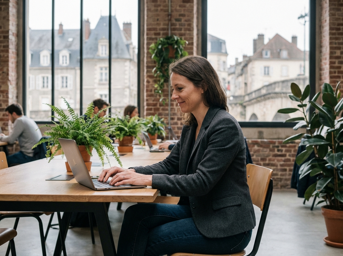 Femme en coworking à Épinal travaillant sur un ordinateur