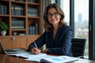 Femme d'affaires en tailleur navy dans un bureau élégant