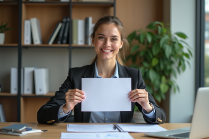 Femme souriante avec diplôme de niveau 7 dans un bureau moderne