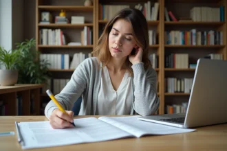 Femme étudiant des supports de cours PDF pour la formation Habilec 8 à son bureau