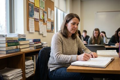 Femme adulte en classe universitaire prenant des notes