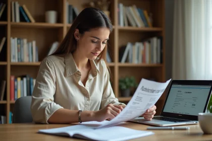 Femme consultant un catalogue de formation ACACED et un budget sur un bureau en bois à domicile