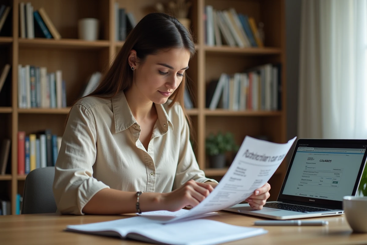 Femme consultant un catalogue de formation ACACED et un budget sur un bureau en bois à domicile