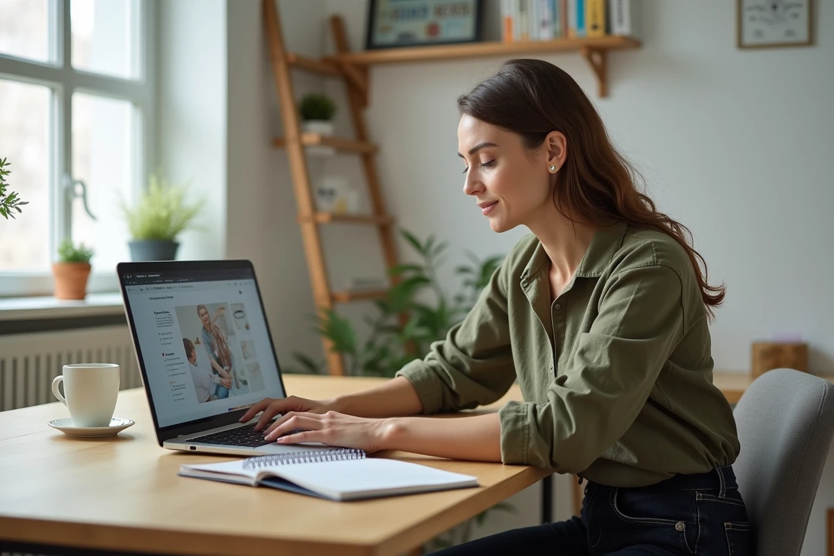 Femme suivant une formation bricolage en ligne sur ordinateur portable avec prise de notes manuscrites