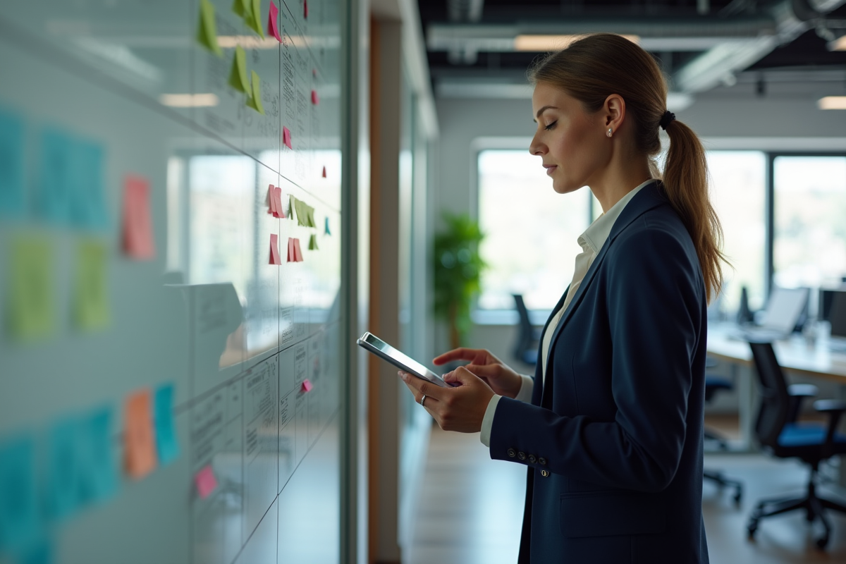 Femme fondatrice regardant un tableau de projet dans un espace startup